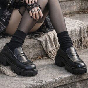 Free People Lyra Black Leather Deep Lug Sole  Penny Loafer Size 38